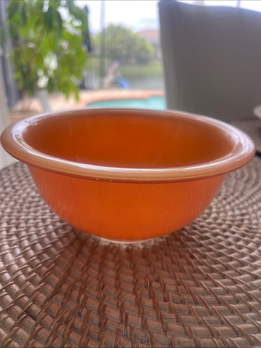 Vintage Pyrex 7 inch round pastel pink & peach clear bottom nesting bowl